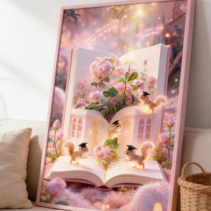 Full Drill Diamond Painting Kit, 12x16 Inch Pink Enchanted Open Book & Graduation Cap Squirrels Theme, DIY Fantasy Craft for Adults Teens, Whimsical Glowing Fairy-Tale Wall Decor