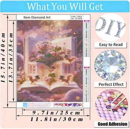 Full Drill Diamond Painting Kit, 12x16 Inch Pink Enchanted Open Book & Graduation Cap Squirrels Theme, DIY Fantasy Craft for Adults Teens, Whimsical Glowing Fairy-Tale Wall Decor