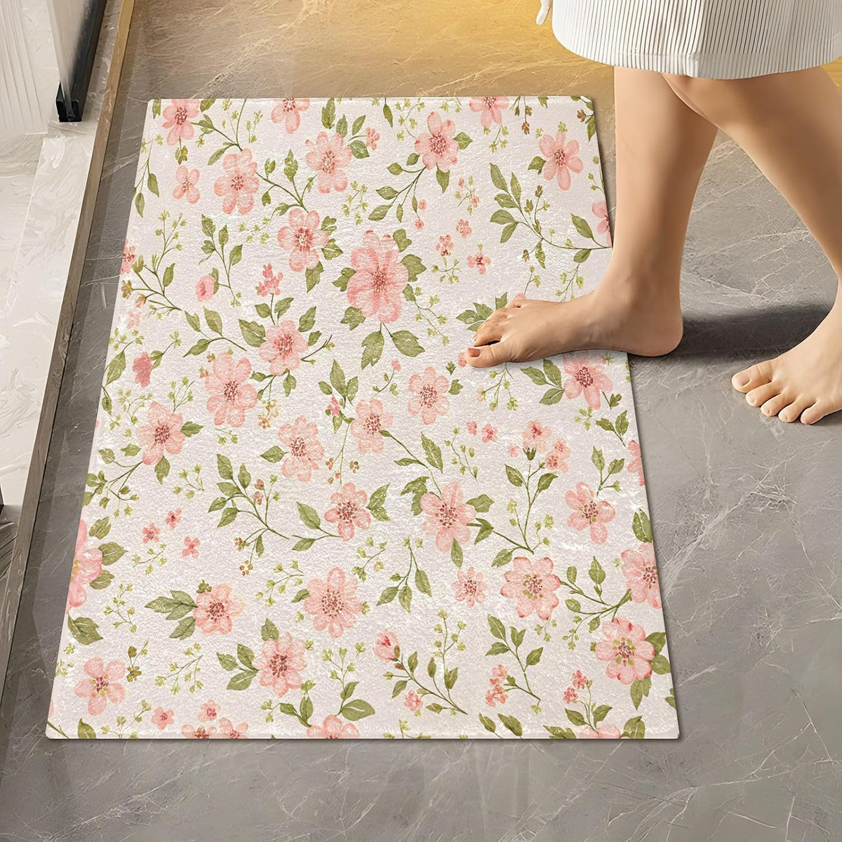 Pink Flowers Bathroom Mat Rug 24" x 16" Non Slip Super Absorbent Quick Dry Bath Mats for Bathtub Fluffy Rugs