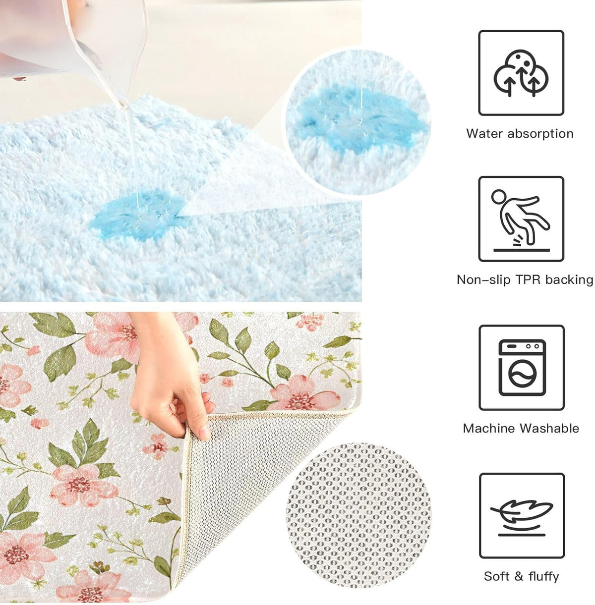 Pink Flowers Bathroom Mat Rug 24" x 16" Non Slip Super Absorbent Quick Dry Bath Mats for Bathtub Fluffy Rugs