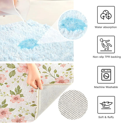 Pink Flowers Bathroom Mat Rug 24" x 16" Non Slip Super Absorbent Quick Dry Bath Mats for Bathtub Fluffy Rugs
