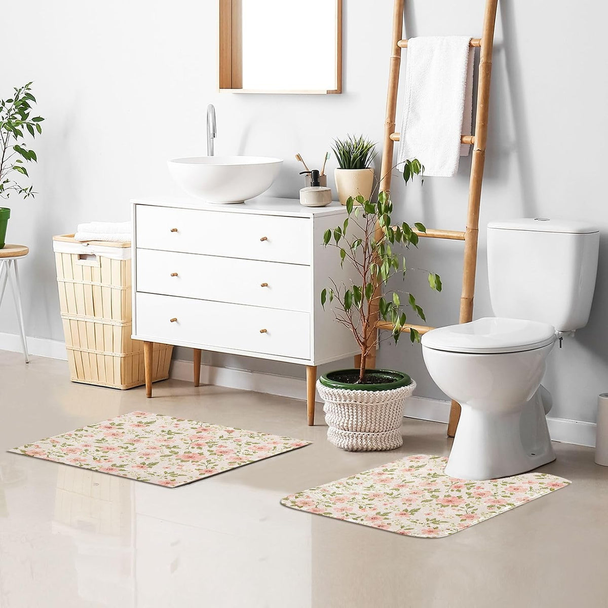 Pink Flowers Bathroom Mat Rug 24" x 16" Non Slip Super Absorbent Quick Dry Bath Mats for Bathtub Fluffy Rugs