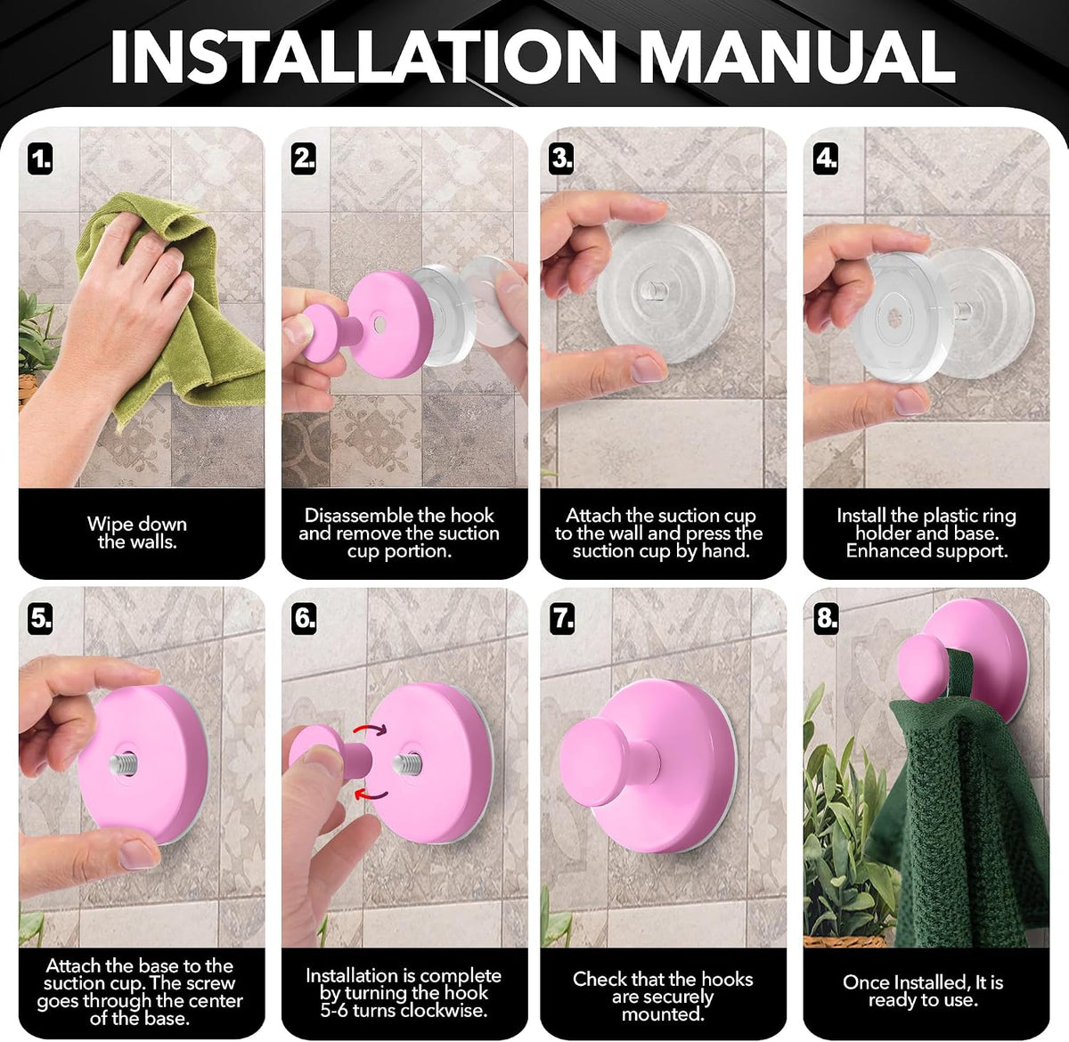 Shower Suction Cup Hooks, Strong Suction Power, Towel Hooks for Shower Glass Door, Bathroom, Kitchen, Mirrors, Tiles, Holds up to 11 lbs, Ideal for Towels, Bath Robes, Coats (Pink)
