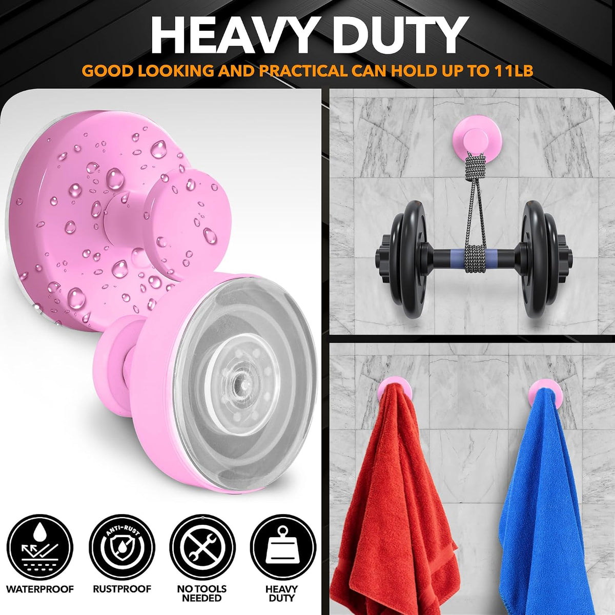Shower Suction Cup Hooks, Strong Suction Power, Towel Hooks for Shower Glass Door, Bathroom, Kitchen, Mirrors, Tiles, Holds up to 11 lbs, Ideal for Towels, Bath Robes, Coats (Pink)