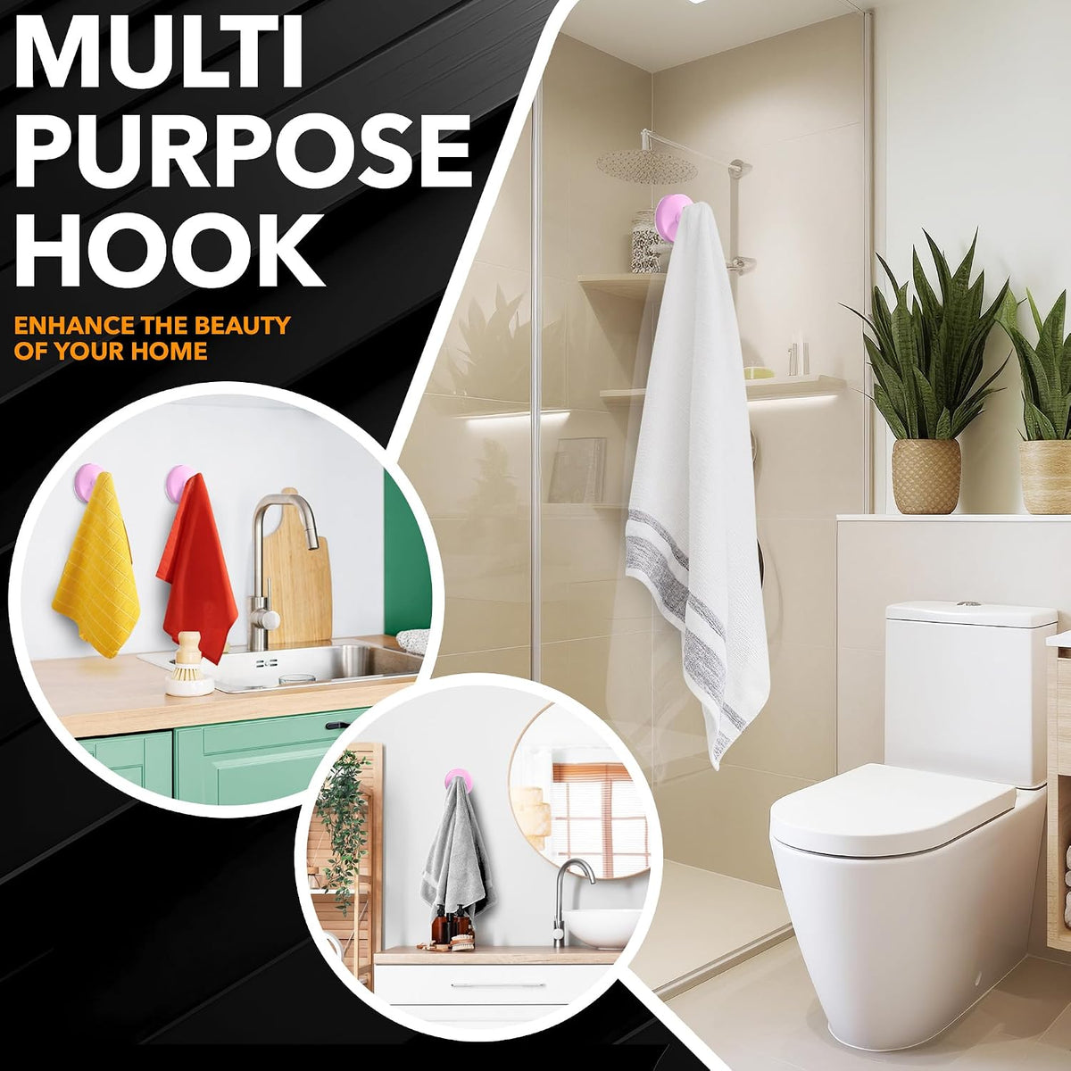Shower Suction Cup Hooks, Strong Suction Power, Towel Hooks for Shower Glass Door, Bathroom, Kitchen, Mirrors, Tiles, Holds up to 11 lbs, Ideal for Towels, Bath Robes, Coats (Pink)