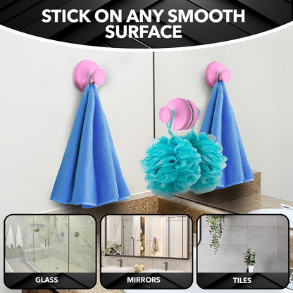 Shower Suction Cup Hooks, Strong Suction Power, Towel Hooks for Shower Glass Door, Bathroom, Kitchen, Mirrors, Tiles, Holds up to 11 lbs, Ideal for Towels, Bath Robes, Coats (Pink)