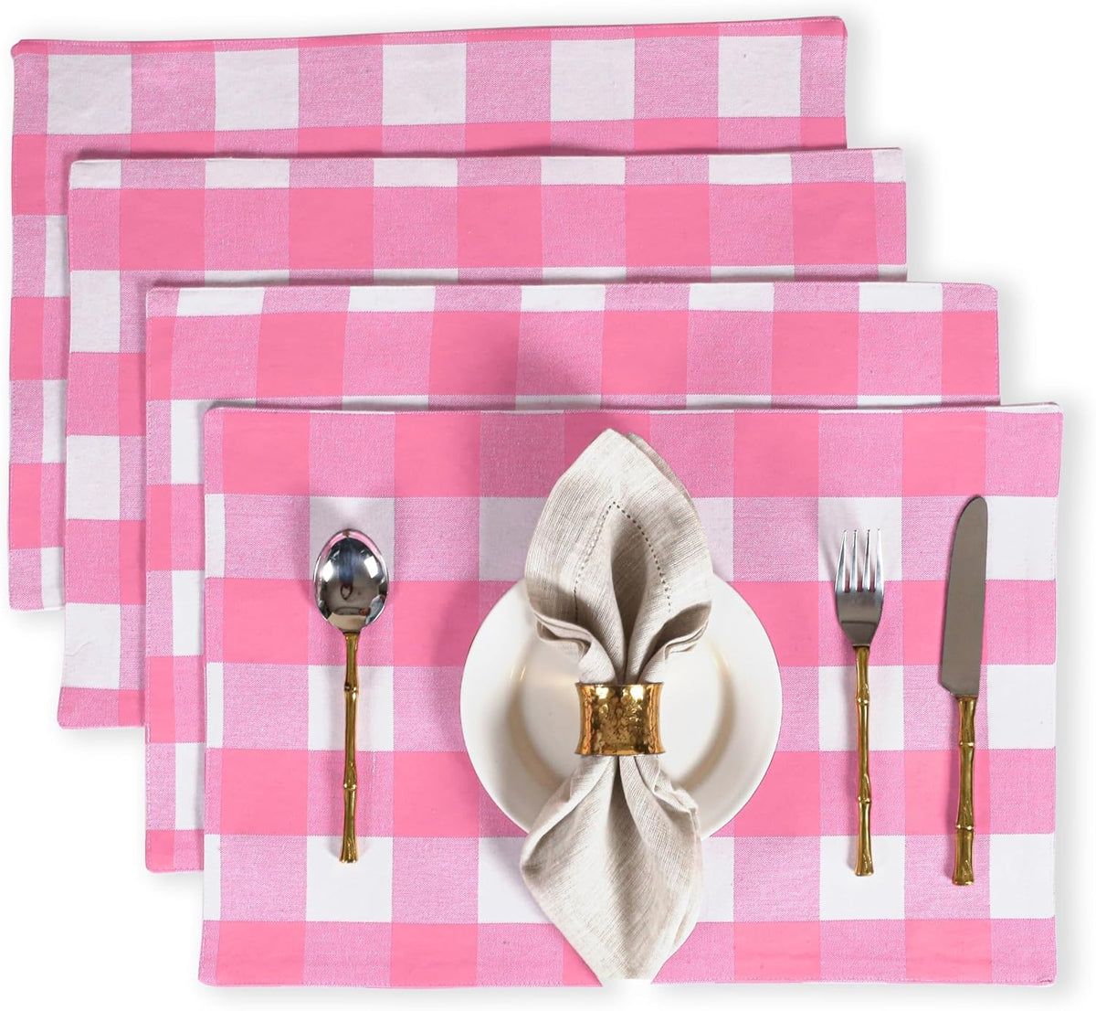 Cotton Placemat 13x19 inches, Heat Resistant, Buffalo Plaid Place mats Set of 4, Decorative Reversible Check Pattern Placemats for Dining Decor, Kitchen, Pink White