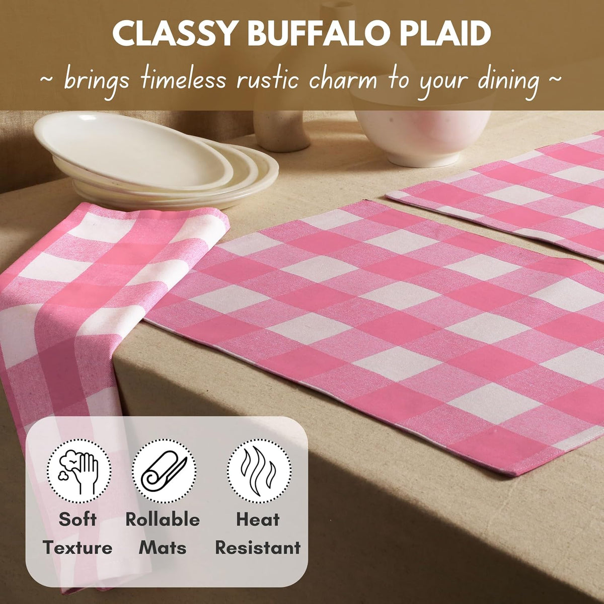 Cotton Placemat 13x19 inches, Heat Resistant, Buffalo Plaid Place mats Set of 4, Decorative Reversible Check Pattern Placemats for Dining Decor, Kitchen, Pink White