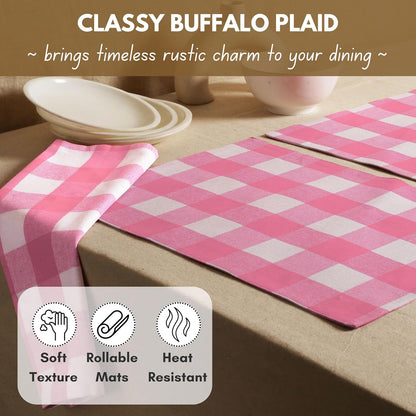 Cotton Placemat 13x19 inches, Heat Resistant, Buffalo Plaid Place mats Set of 4, Decorative Reversible Check Pattern Placemats for Dining Decor, Kitchen, Pink White