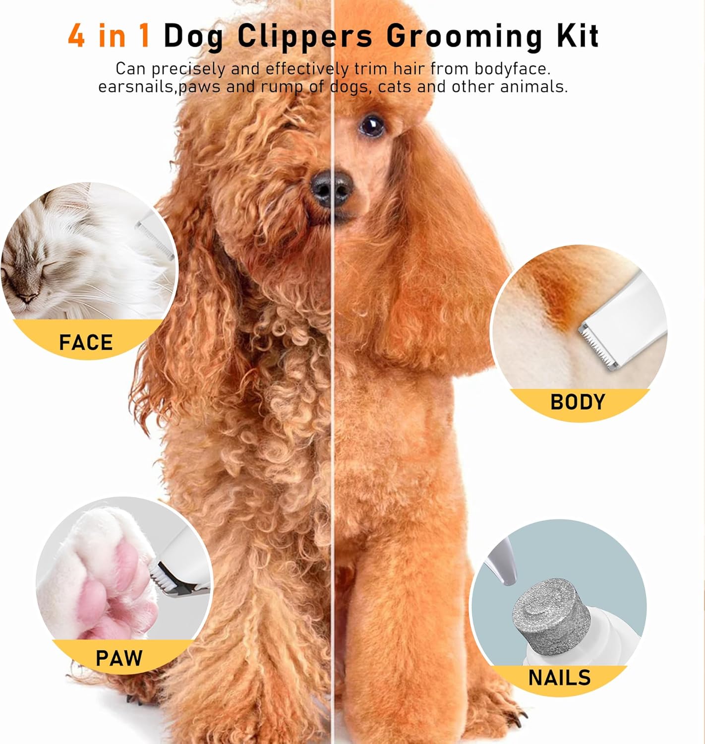 Dog Clippers for Grooming, 4 in 1 Dog Grooming Kit Hair Clipper with LCD Display, Dog Trimmer for Grooming, Dog Hair Trimmer for Paw Nail Grinder,Shaver Grooming Supplies for Pet Cats Dogs