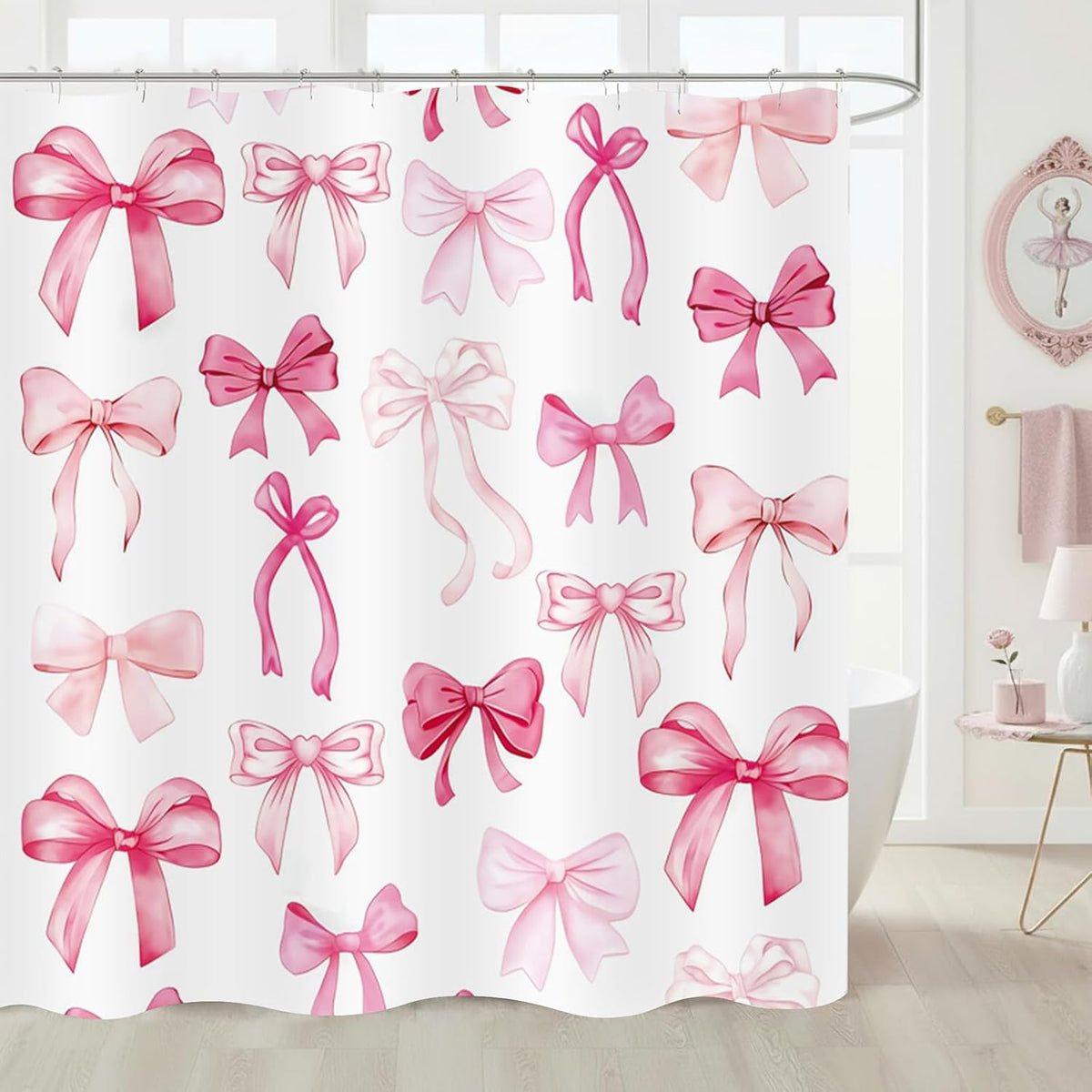 Pink Bow Shower Curtain Cute Coquette Bowknot Shower Curtains for Girls Bathroom Waterproof Polyester Fabric Bath Curtain 72 x 72 Inch with 12 Hooks