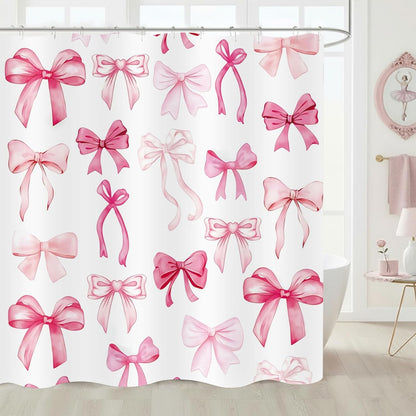 Pink Bow Shower Curtain Cute Coquette Bowknot Shower Curtains for Girls Bathroom Waterproof Polyester Fabric Bath Curtain 72 x 72 Inch with 12 Hooks