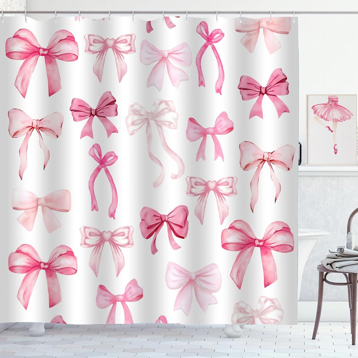 Pink Bow Shower Curtain Cute Coquette Bowknot Shower Curtains for Girls Bathroom Waterproof Polyester Fabric Bath Curtain 72 x 72 Inch with 12 Hooks