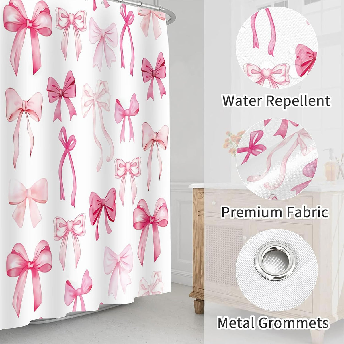 Pink Bow Shower Curtain Cute Coquette Bowknot Shower Curtains for Girls Bathroom Waterproof Polyester Fabric Bath Curtain 72 x 72 Inch with 12 Hooks