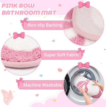 Pink Rug - Cute Bow Bath Rug, Machine Washable Bathroom Mat