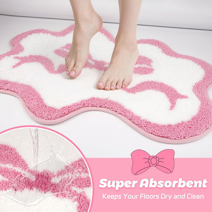 Pink Rug - Cute Bow Bath Rug, Machine Washable Bathroom Mat
