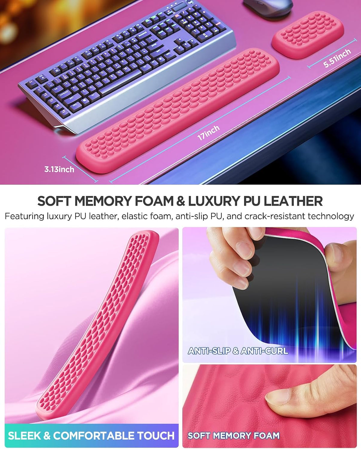Ergonomic Keyboard Wrist Rest, Memory Foam Wrist Support, Rose Pink