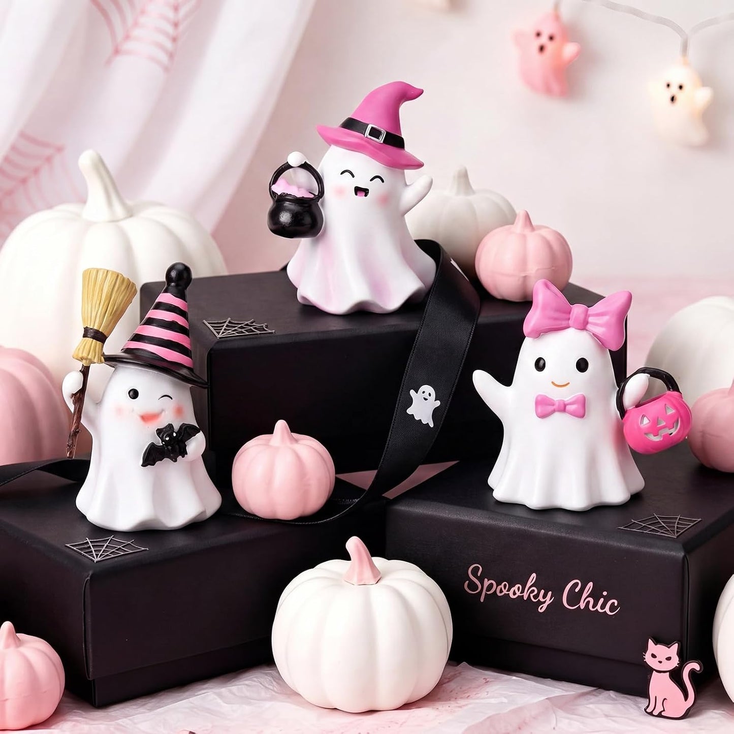 3 Pcs Pink Halloween Ghost Decor Black and Pink Resin Figurine