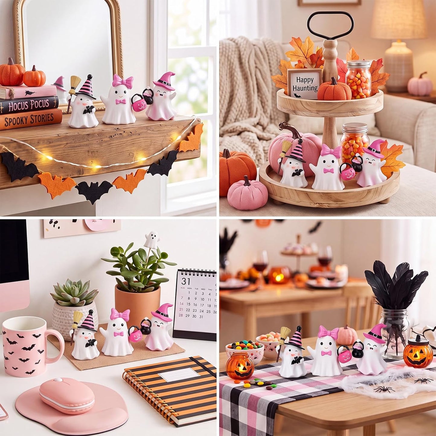 3 Pcs Pink Halloween Ghost Decor Black and Pink Resin Figurine