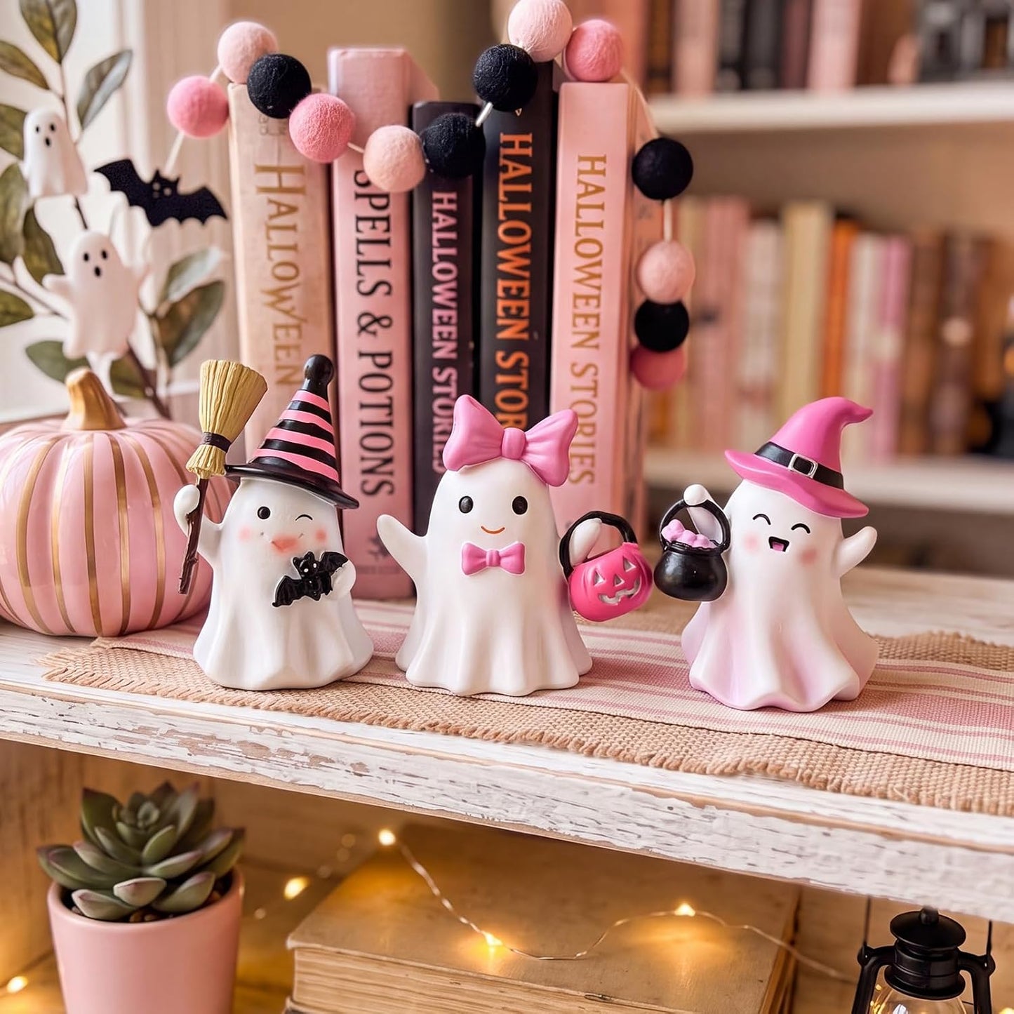 3 Pcs Pink Halloween Ghost Decor Black and Pink Resin Figurine