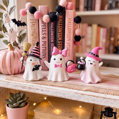 3 Pcs Pink Halloween Ghost Decor Black and Pink Resin Figurine