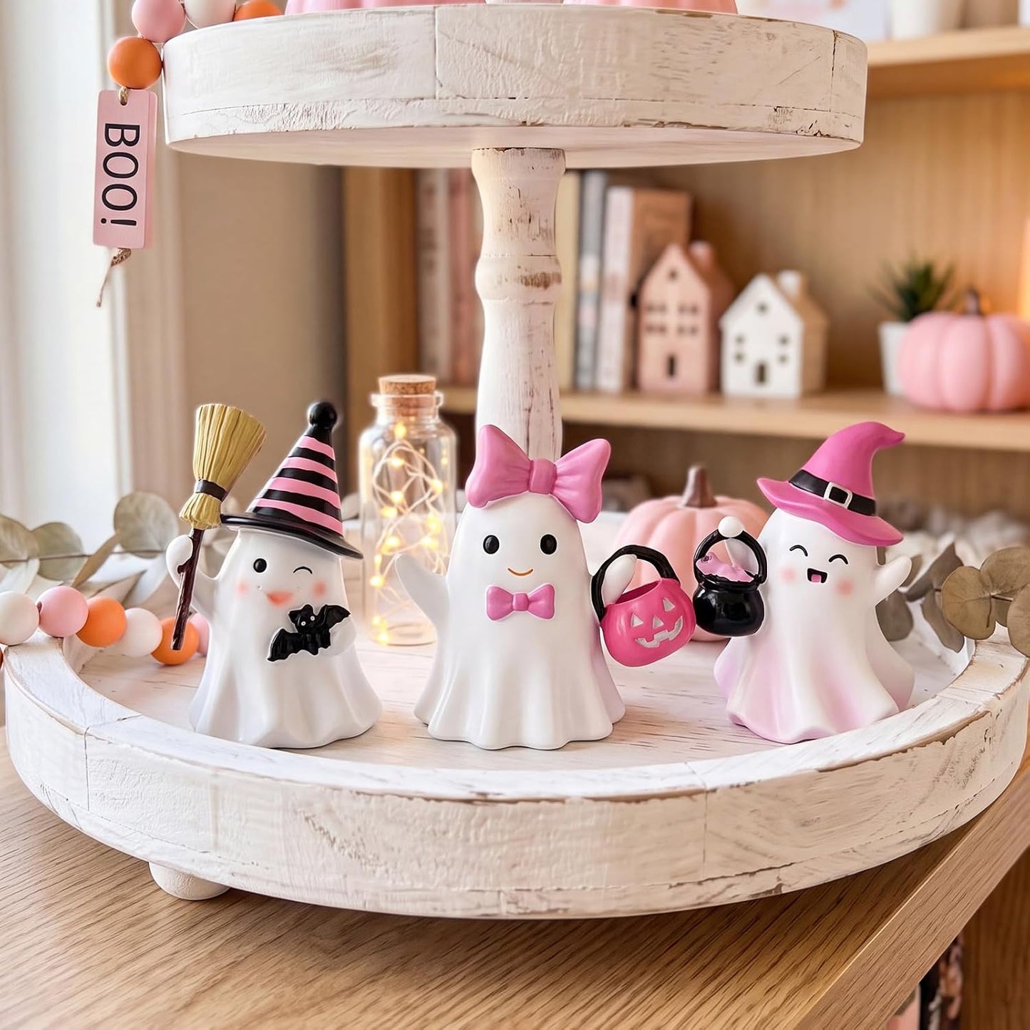 3 Pcs Pink Halloween Ghost Decor Black and Pink Resin Figurine