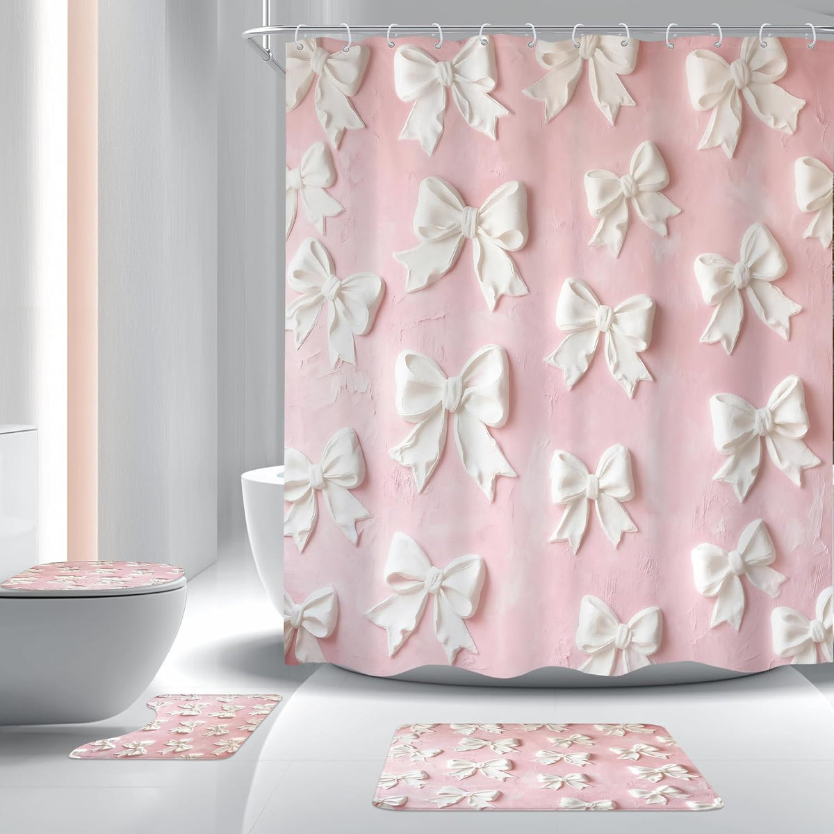 Pink White Bow Vintage Bowknot 4Pcs Bathroom Shower Curtain Set with Rugs