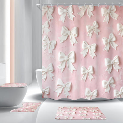 Pink White Bow Vintage Bowknot 4Pcs Bathroom Shower Curtain Set with Rugs