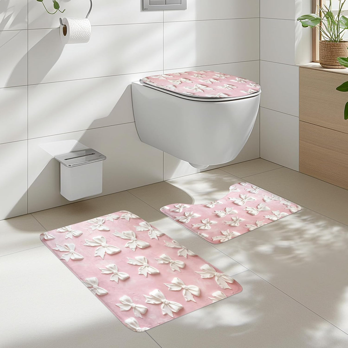 Pink White Bow Vintage Bowknot 4Pcs Bathroom Shower Curtain Set with Rugs