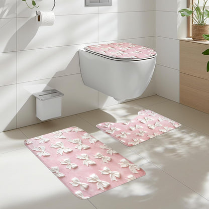 Pink White Bow Vintage Bowknot 4Pcs Bathroom Shower Curtain Set with Rugs