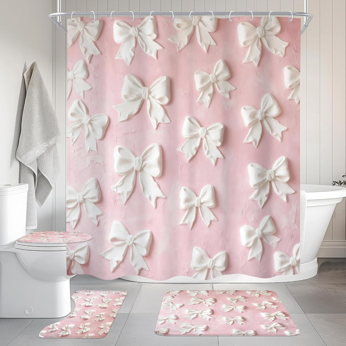 Pink White Bow Vintage Bowknot 4Pcs Bathroom Shower Curtain Set with Rugs
