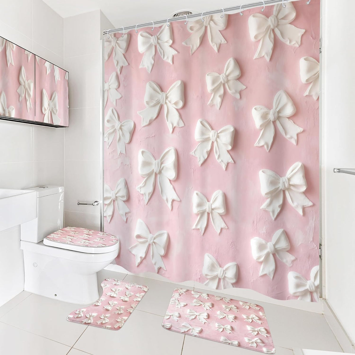 Pink White Bow Vintage Bowknot 4Pcs Bathroom Shower Curtain Set with Rugs