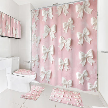 Pink White Bow Vintage Bowknot 4Pcs Bathroom Shower Curtain Set with Rugs