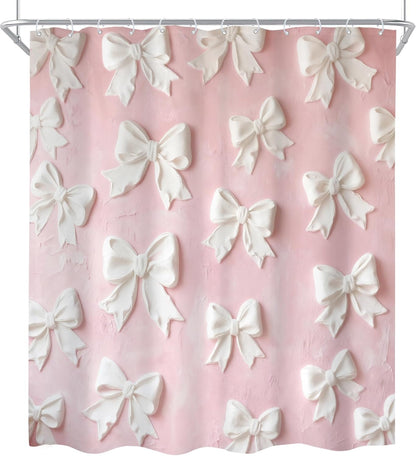 Pink White Bow Vintage Bowknot 4Pcs Bathroom Shower Curtain Set with Rugs