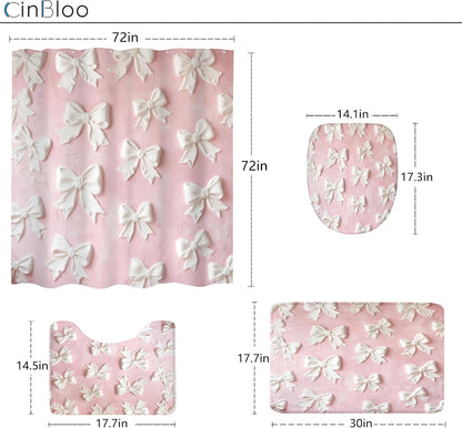 Pink White Bow Vintage Bowknot 4Pcs Bathroom Shower Curtain Set with Rugs