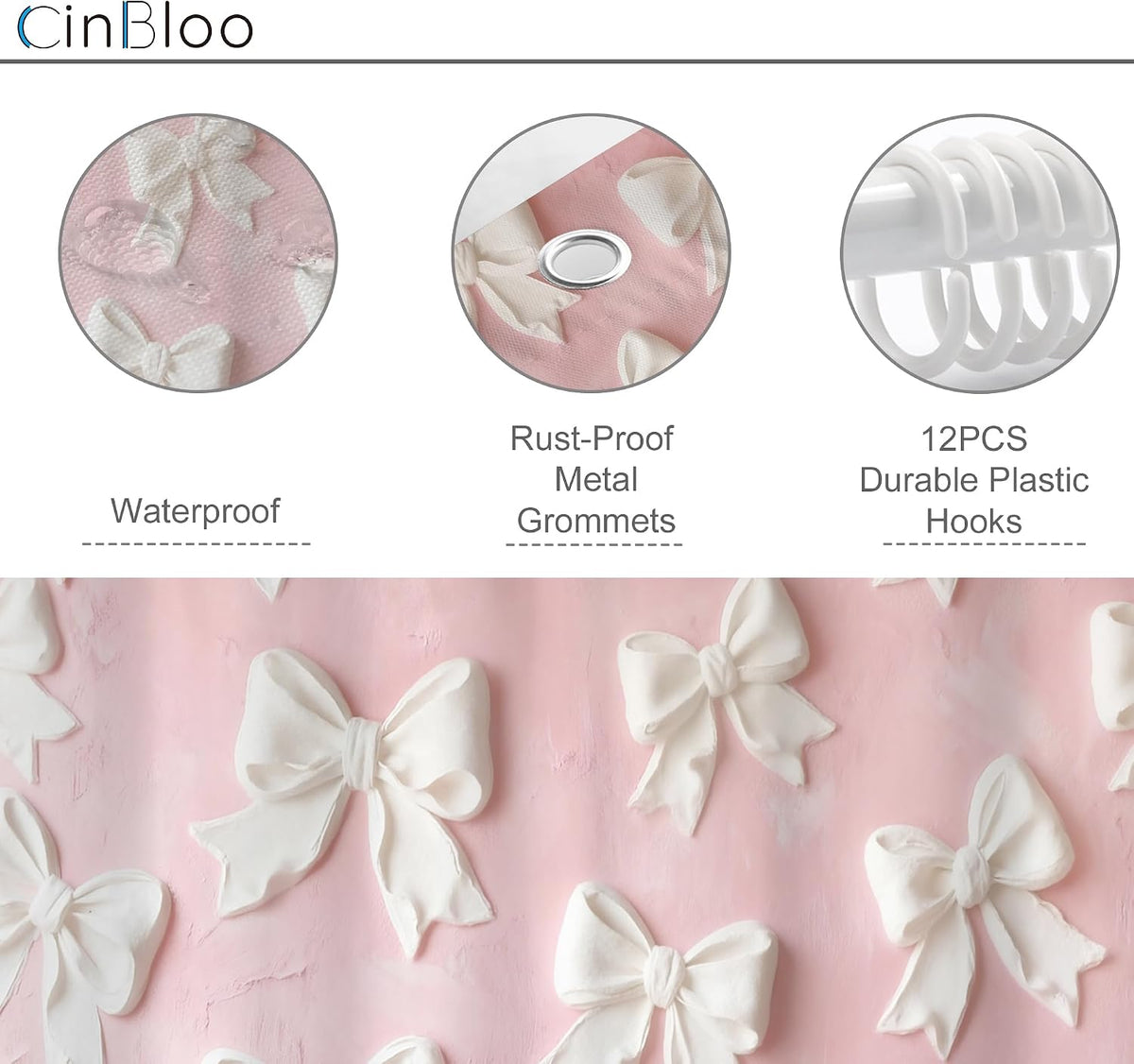 Pink White Bow Vintage Bowknot 4Pcs Bathroom Shower Curtain Set with Rugs
