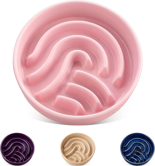 Slow Feeder Dog Bowl, 0.6 Cup Ceramic Slow Feeding Food Dish for Small Breed, Puzzle Dog Food Bowl for Fast Eater, Pink