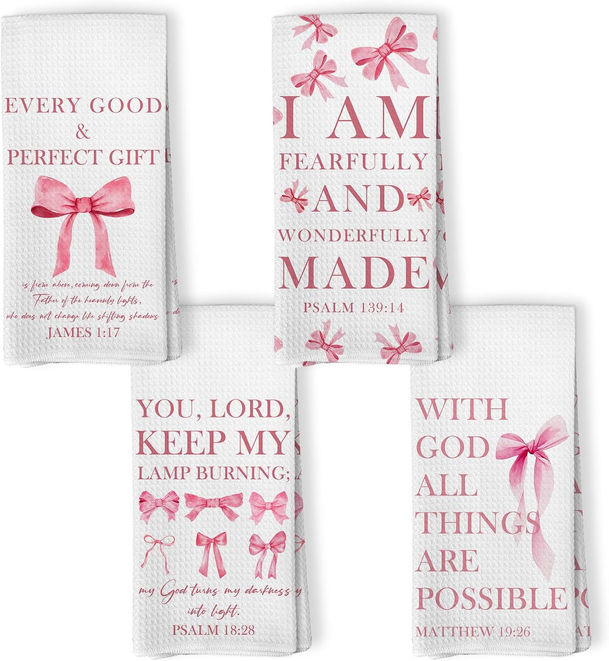 Pink Christian Kitchen Towels Set of 4, Coquette Pink Bow Bible Verse Decorative Hand Towel for Girly Bathroom Decor, Christian Gifts for Women Dish Tea Towels for Kitchen Decor, 16x24 Inch