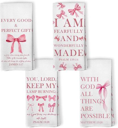 Pink Christian Kitchen Towels Set of 4, Coquette Pink Bow Bible Verse Decorative Hand Towel for Girly Bathroom Decor, Christian Gifts for Women Dish Tea Towels for Kitchen Decor, 16x24 Inch