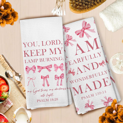 Pink Christian Kitchen Towels Set of 4, Coquette Pink Bow Bible Verse Decorative Hand Towel for Girly Bathroom Decor, Christian Gifts for Women Dish Tea Towels for Kitchen Decor, 16x24 Inch