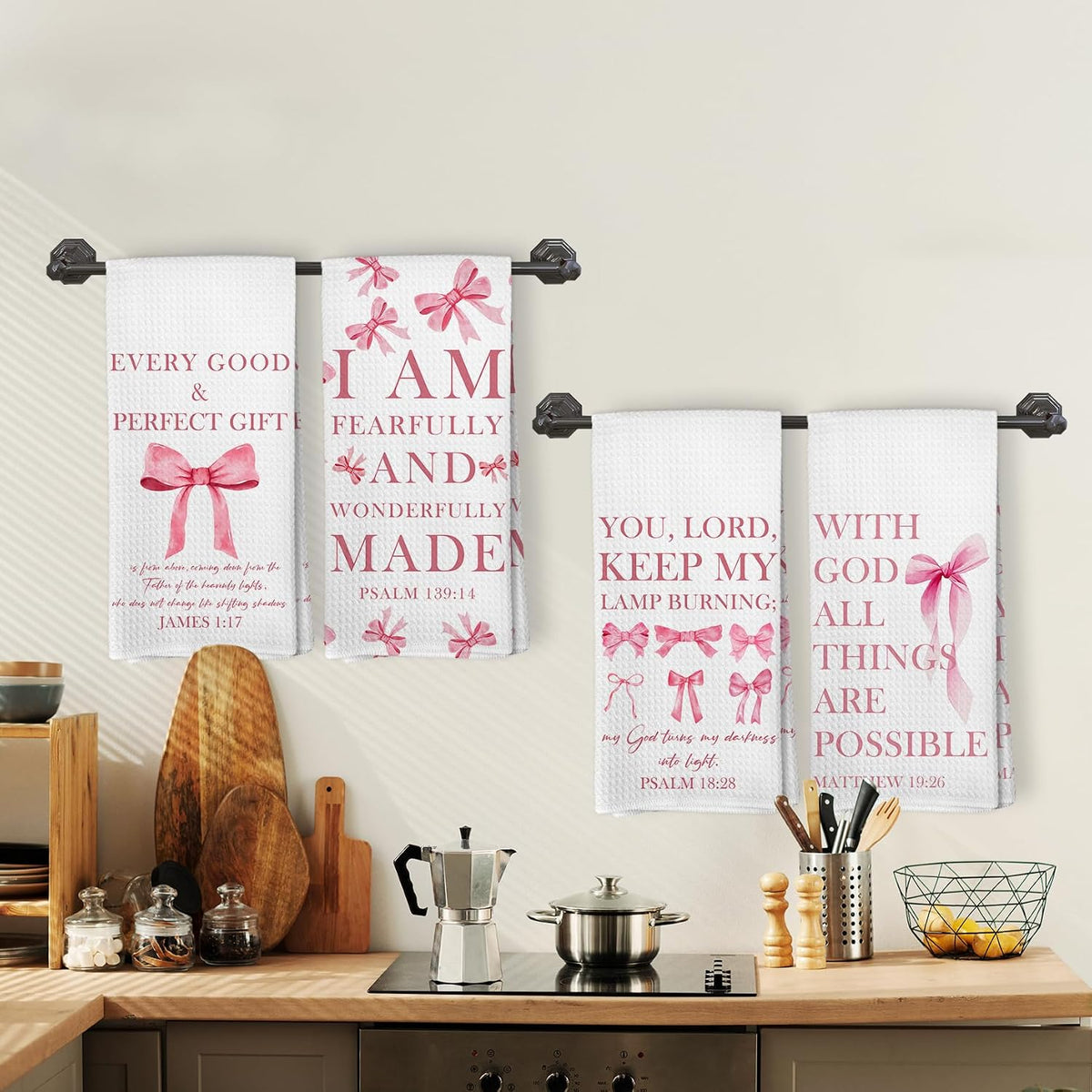 Pink Christian Kitchen Towels Set of 4, Coquette Pink Bow Bible Verse Decorative Hand Towel for Girly Bathroom Decor, Christian Gifts for Women Dish Tea Towels for Kitchen Decor, 16x24 Inch