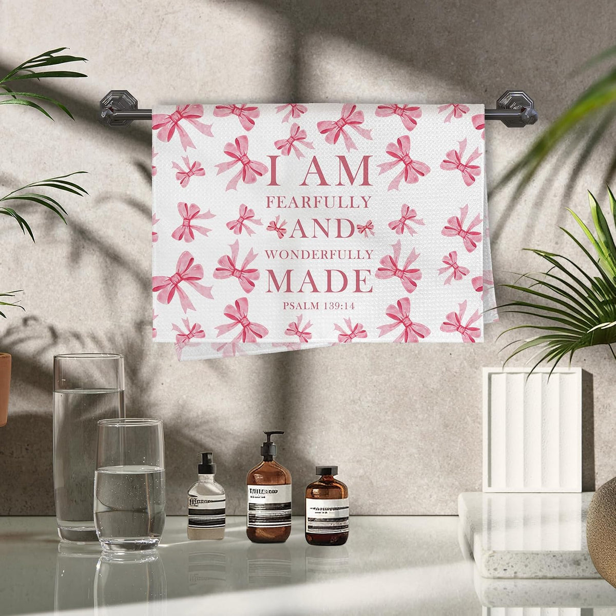 Pink Christian Kitchen Towels Set of 4, Coquette Pink Bow Bible Verse Decorative Hand Towel for Girly Bathroom Decor, Christian Gifts for Women Dish Tea Towels for Kitchen Decor, 16x24 Inch