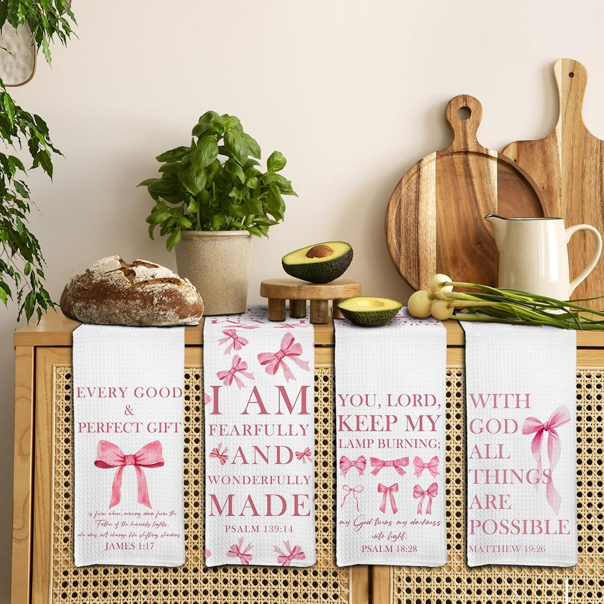 Pink Christian Kitchen Towels Set of 4, Coquette Pink Bow Bible Verse Decorative Hand Towel for Girly Bathroom Decor, Christian Gifts for Women Dish Tea Towels for Kitchen Decor, 16x24 Inch