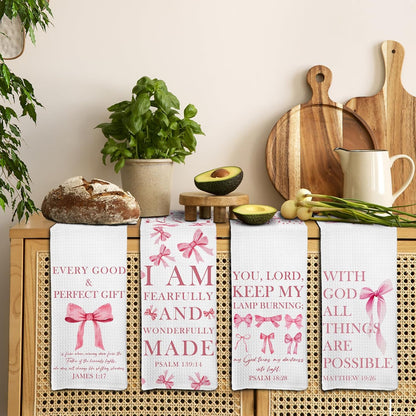 Pink Christian Kitchen Towels Set of 4, Coquette Pink Bow Bible Verse Decorative Hand Towel for Girly Bathroom Decor, Christian Gifts for Women Dish Tea Towels for Kitchen Decor, 16x24 Inch