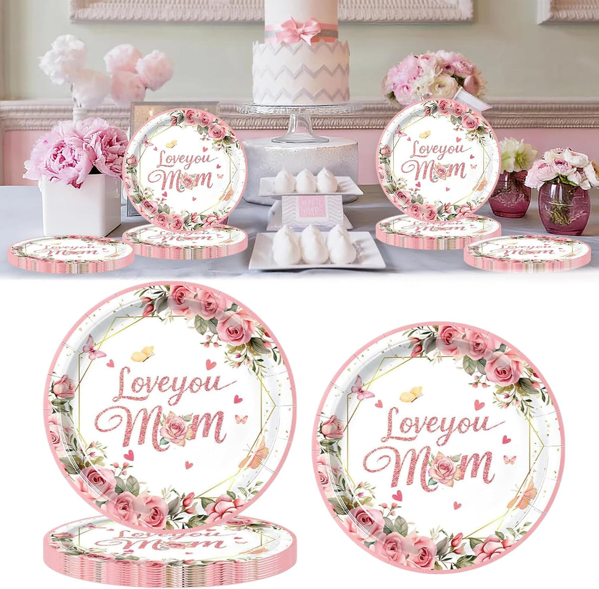 Mother's Day Disposable Paper Plates 7 Inch Floral Dessert Plates Flower Butterfly Dinnerware for Mom's Day Party Birthday Supplies (Love you mom Pink Themed Round 24 Pcs)