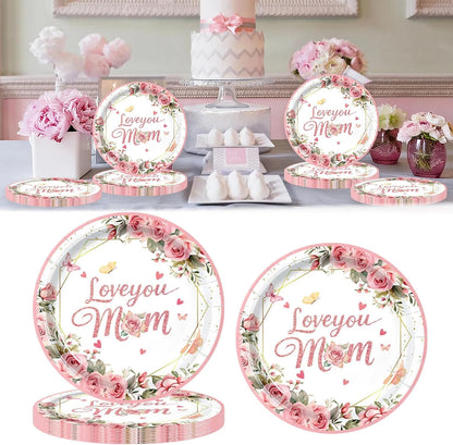 Mother's Day Disposable Paper Plates 7 Inch Floral Dessert Plates Flower Butterfly Dinnerware for Mom's Day Party Birthday Supplies (Love you mom Pink Themed Round 24 Pcs)