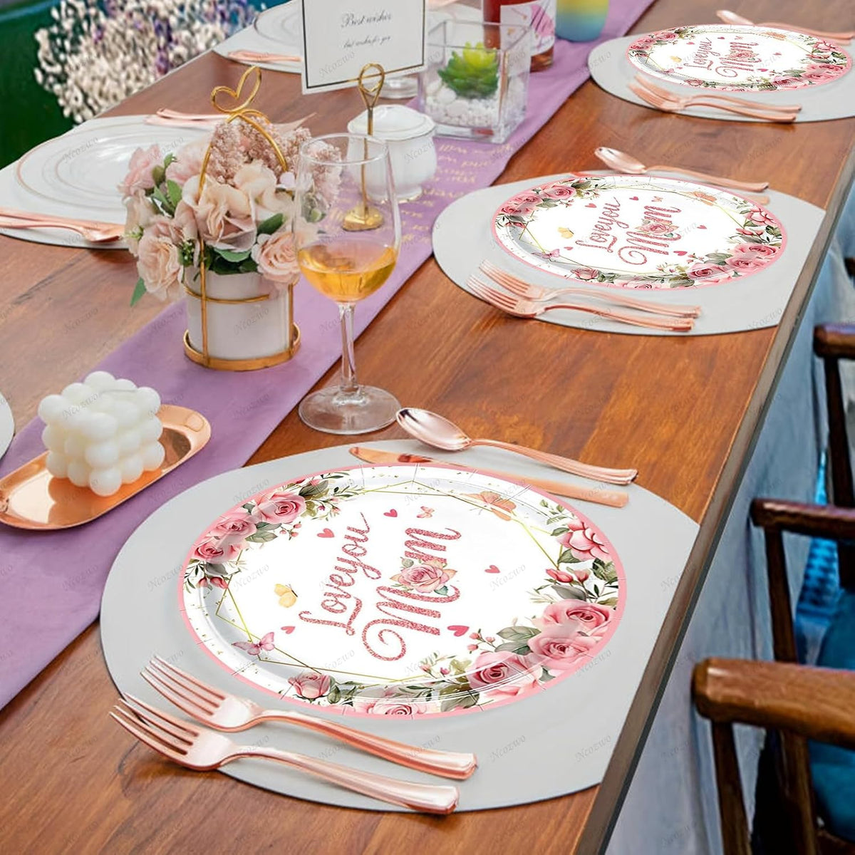 Mother's Day Disposable Paper Plates 7 Inch Floral Dessert Plates Flower Butterfly Dinnerware for Mom's Day Party Birthday Supplies (Love you mom Pink Themed Round 24 Pcs)
