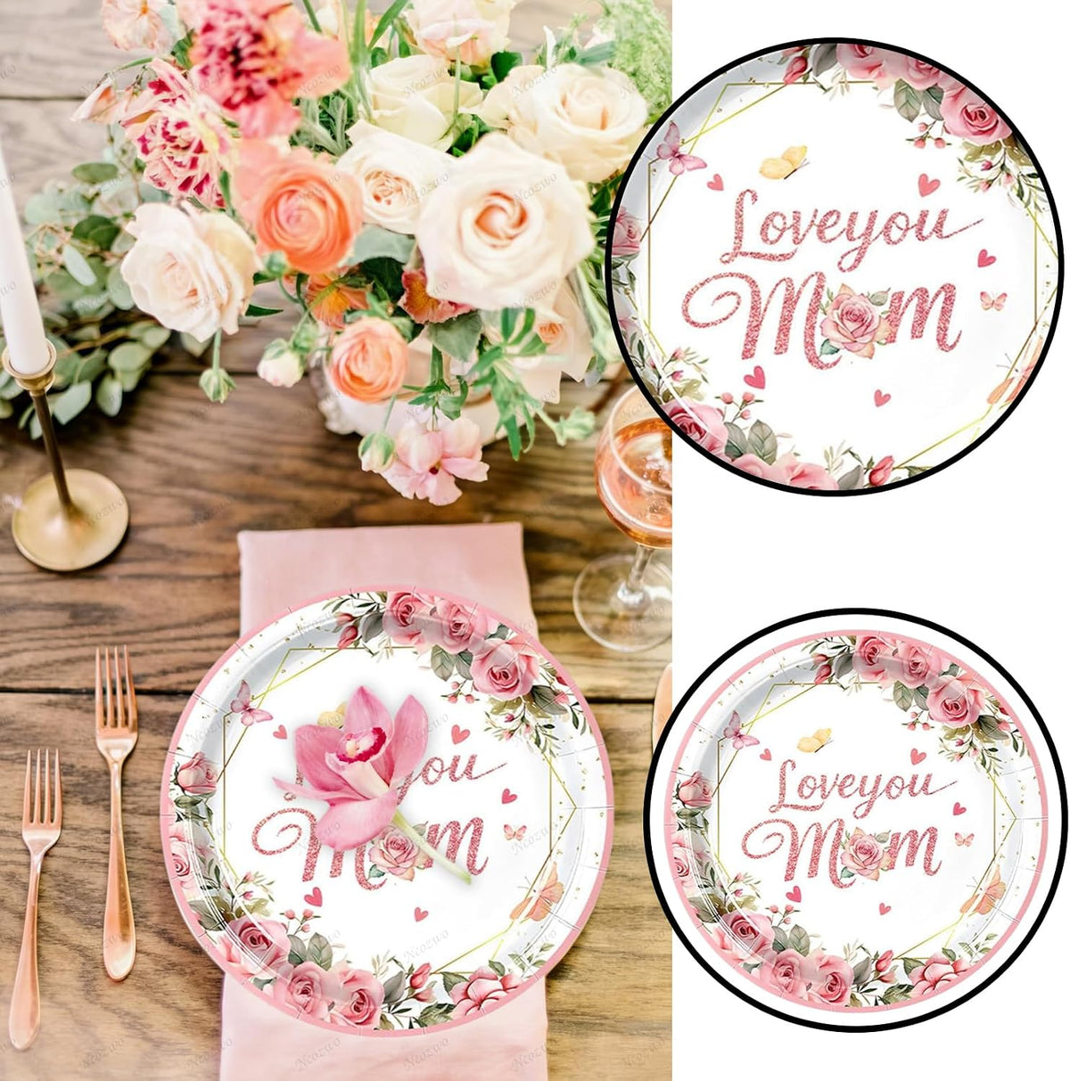 Mother's Day Disposable Paper Plates 7 Inch Floral Dessert Plates Flower Butterfly Dinnerware for Mom's Day Party Birthday Supplies (Love you mom Pink Themed Round 24 Pcs)