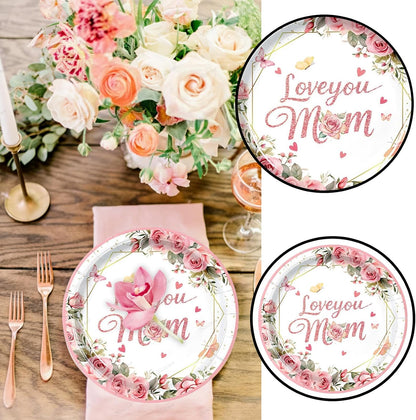 Mother's Day Disposable Paper Plates 7 Inch Floral Dessert Plates Flower Butterfly Dinnerware for Mom's Day Party Birthday Supplies (Love you mom Pink Themed Round 24 Pcs)