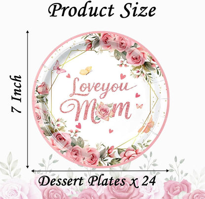 Mother's Day Disposable Paper Plates 7 Inch Floral Dessert Plates Flower Butterfly Dinnerware for Mom's Day Party Birthday Supplies (Love you mom Pink Themed Round 24 Pcs)